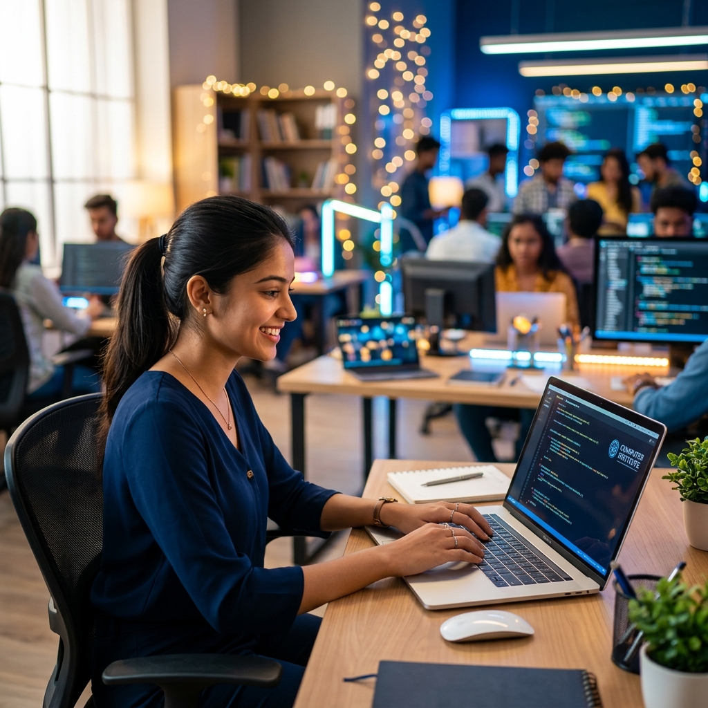 Indian Girl Student Working on Laptop in IT Lab
