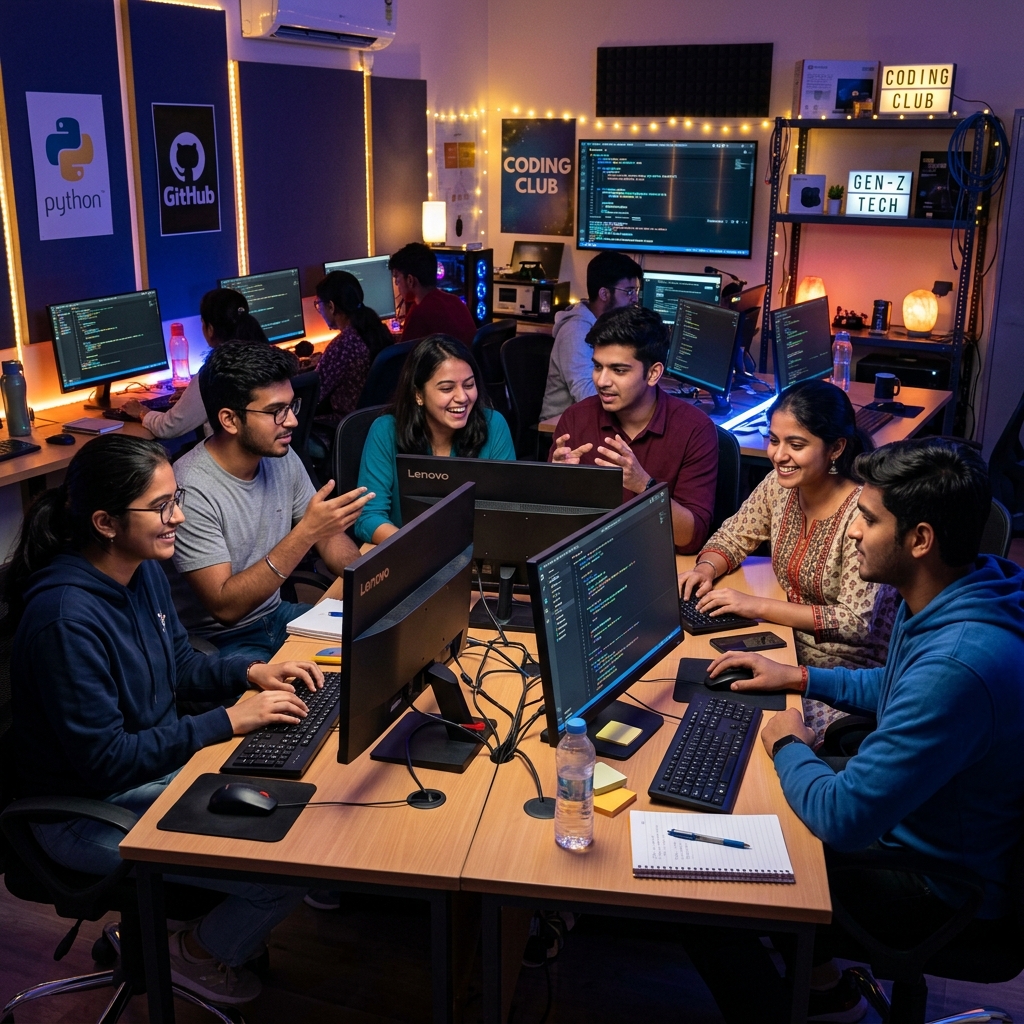 Indian College Students Coding Together in Lab